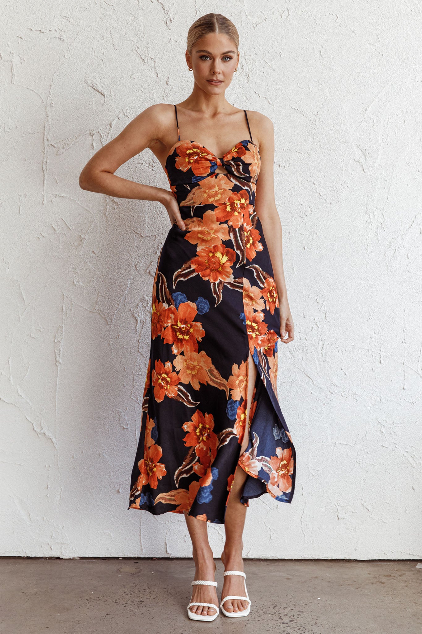 Missoula Cami Strap Padded Bust Midi Dress Flower Orange by Selfie Leslie Australia