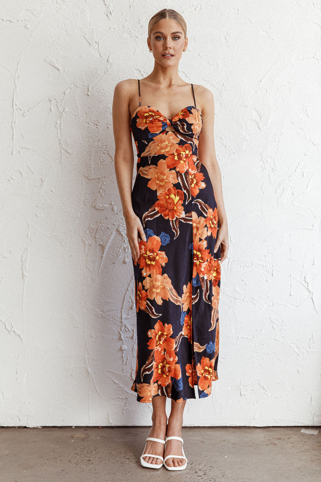 Missoula Cami Strap Padded Bust Midi Dress Flower Orange by Selfie Leslie Australia