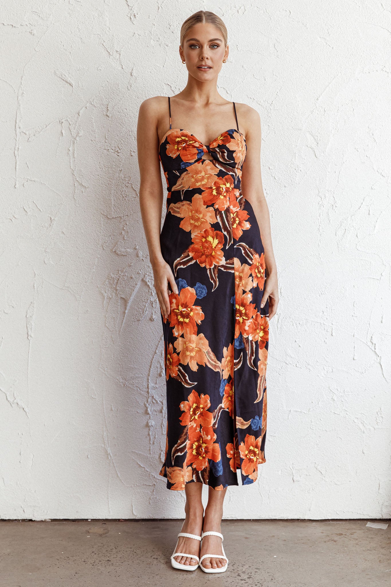 Missoula Cami Strap Padded Bust Midi Dress Flower Orange by Selfie Leslie Australia