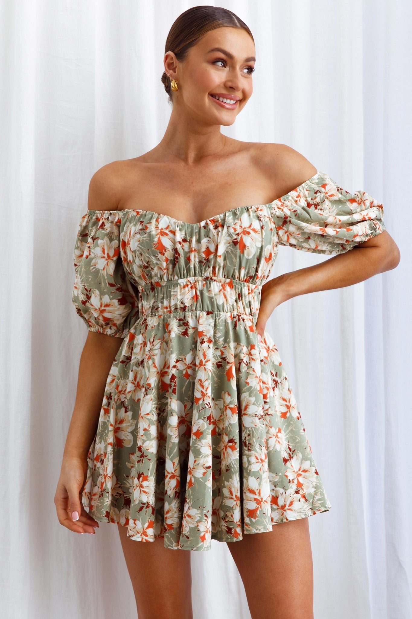 Chasing Sunsets Off-Shoulder Mini Dress Floral Green by Selfie Leslie