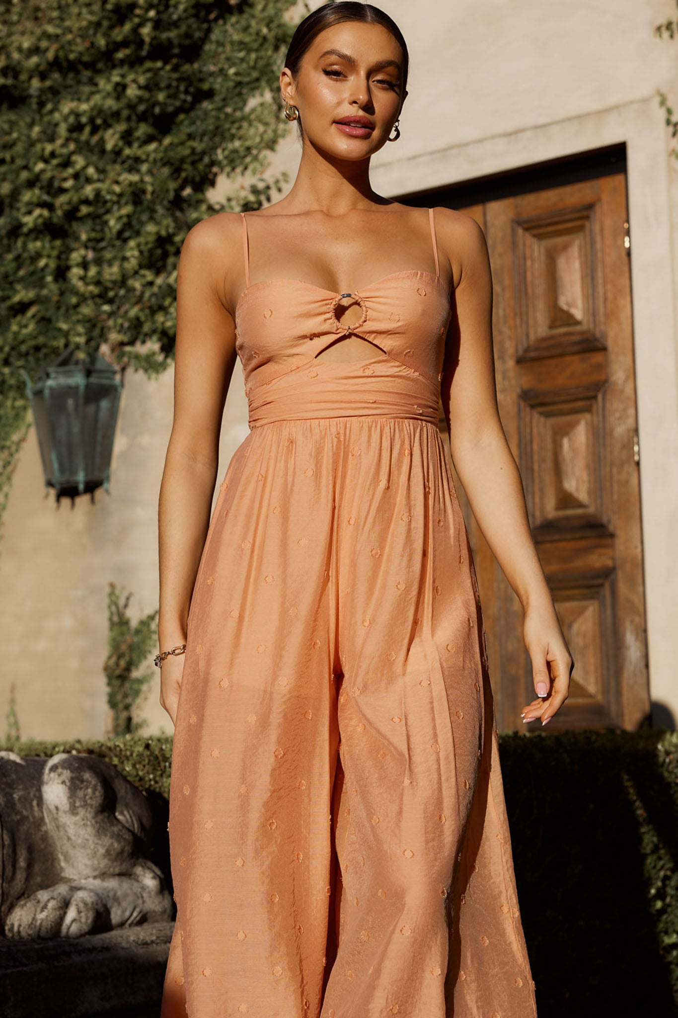 Shop the Alpha CutOut Bodice Textured Jumpsuit Apricot Selfie Leslie