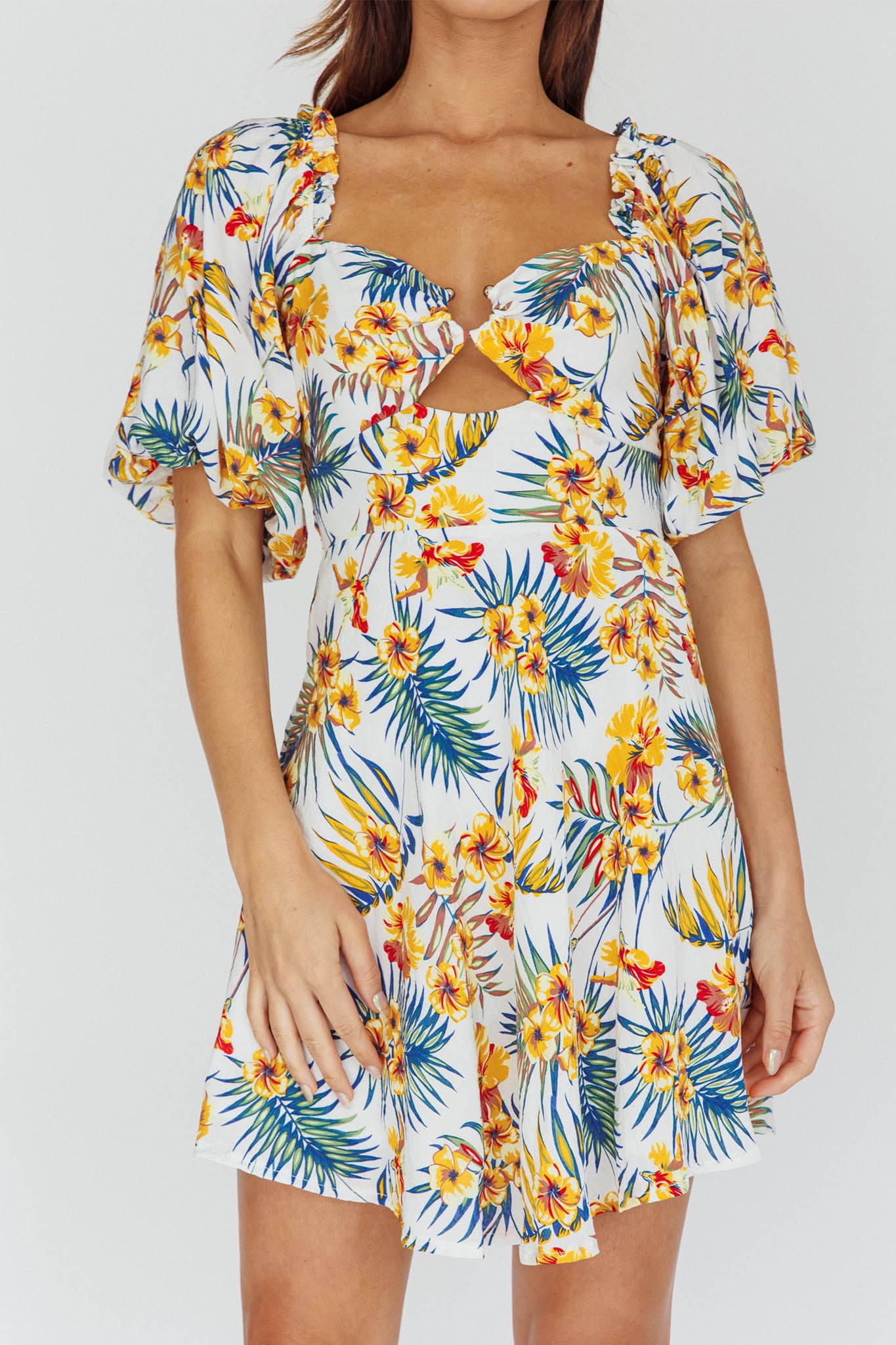 Alpha Cut-Out Bodice Mini Dress Floral White by Selfie Leslie Australia