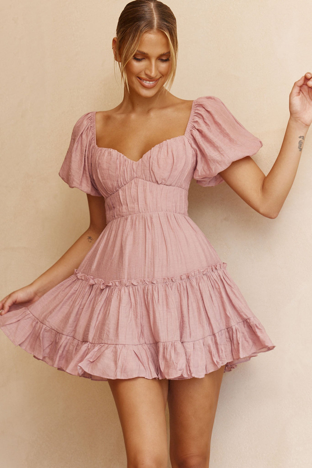 Camille Gathered Bodice Puff Sleeve Flounce Hem Mini Dress Blush by Selfie Leslie