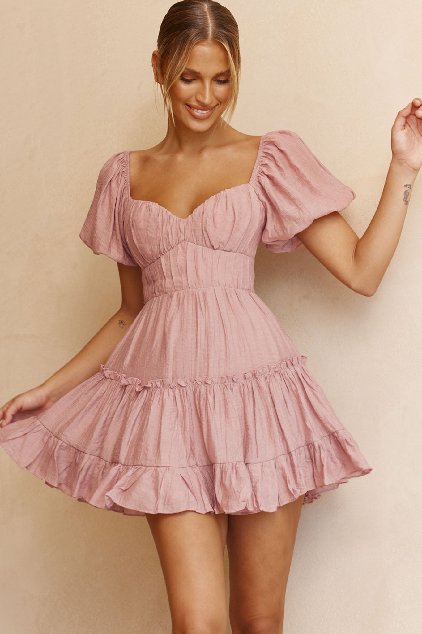 Camille Gathered Bodice Puff Sleeve Flounce Hem Mini Dress Blush by Selfie Leslie