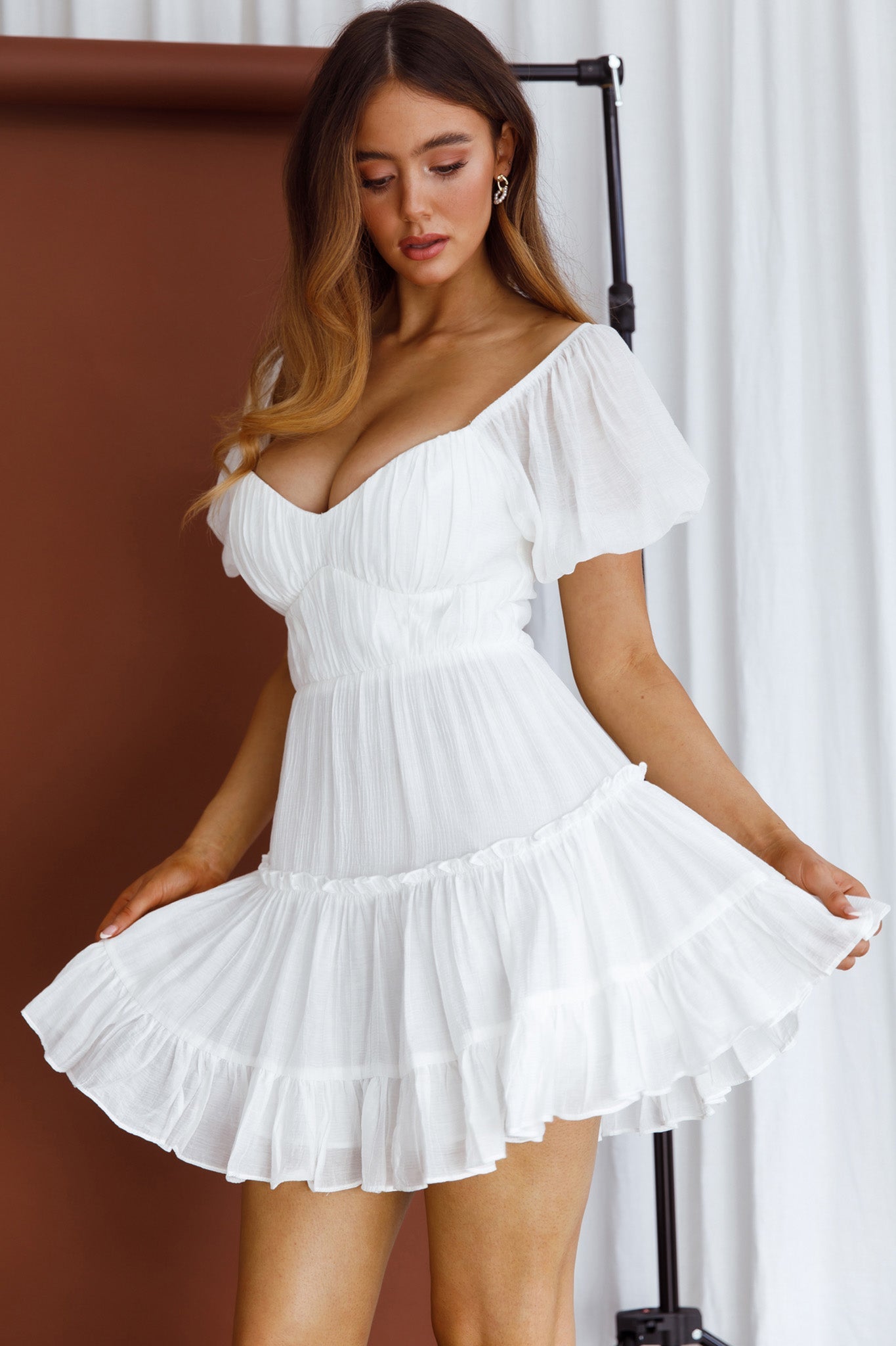 Camille Gathered Bodice Puff Sleeve Flounce Hem Mini Dress White by Selfie Leslie