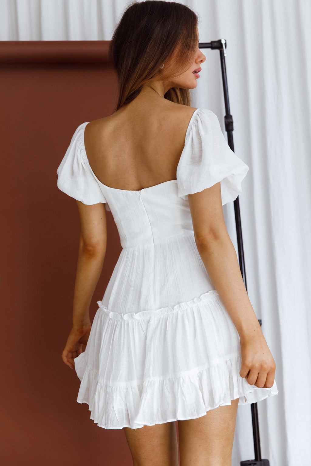 Camille Gathered Bodice Puff Sleeve Flounce Hem Mini Dress White by Selfie Leslie