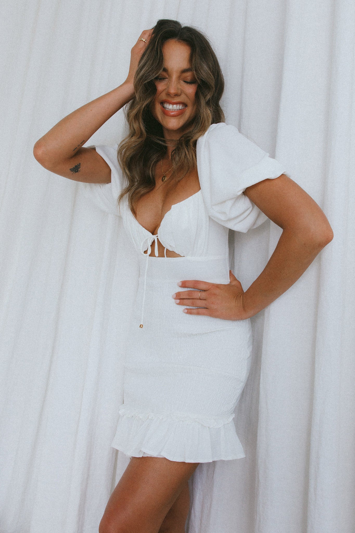 Aperol Spritz Shirred Bodice Puff Sleeve Mini Dress White by Selfie Leslie Australia