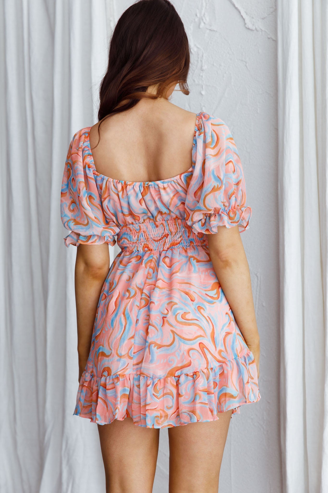 Carlina Shirred Waist Mini Dress Swirl Pink by Selfie Leslie