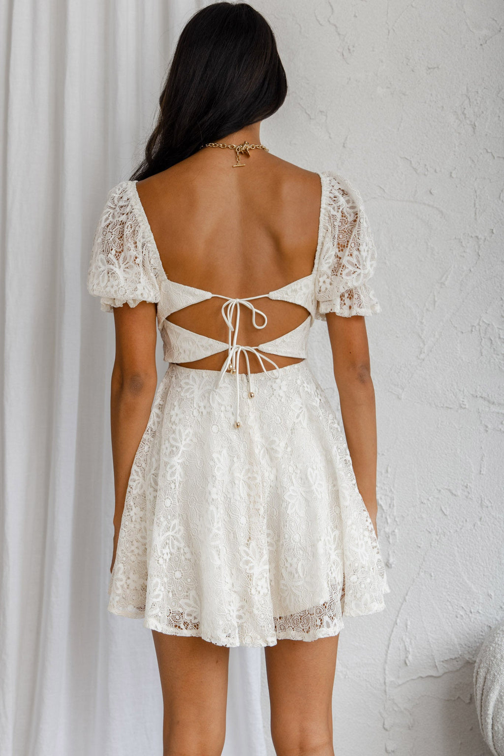 Soho Puff Sleeve Tied Back Lace Mini Dress Cream by Selfie Leslie