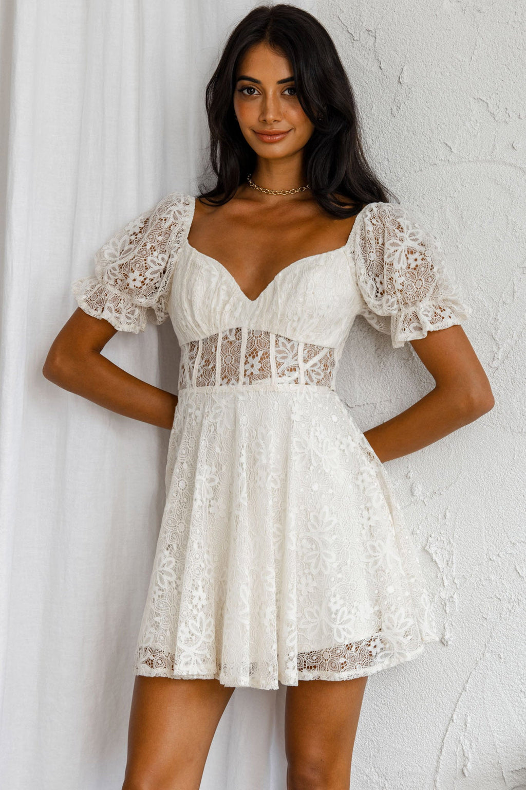 Soho Puff Sleeve Tied Back Lace Mini Dress Cream by Selfie Leslie