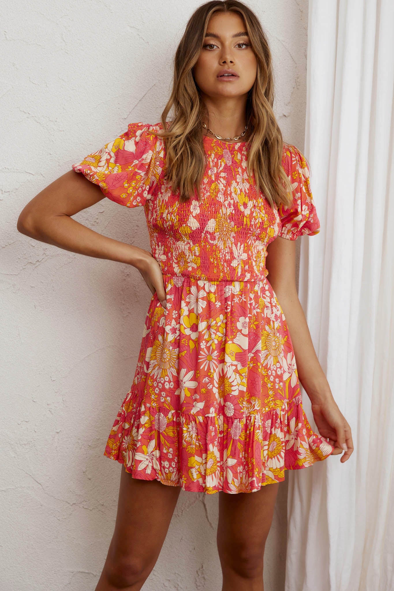 Crystal Shores Shirred Bust Mini Dress Floral Orange by Selfie Leslie Australia
