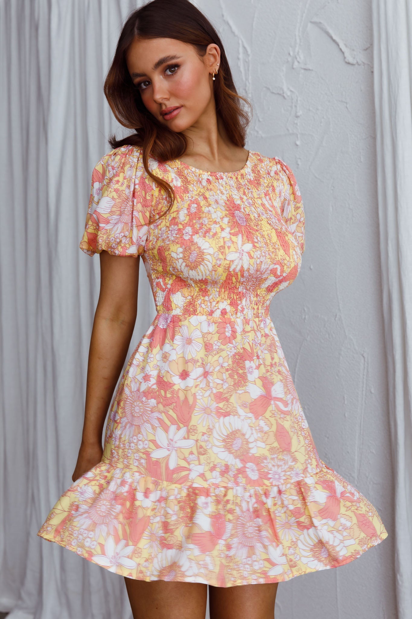Crystal Shores Shirred Bust Mini Dress Floral Yellow by Selfie Leslie Australia