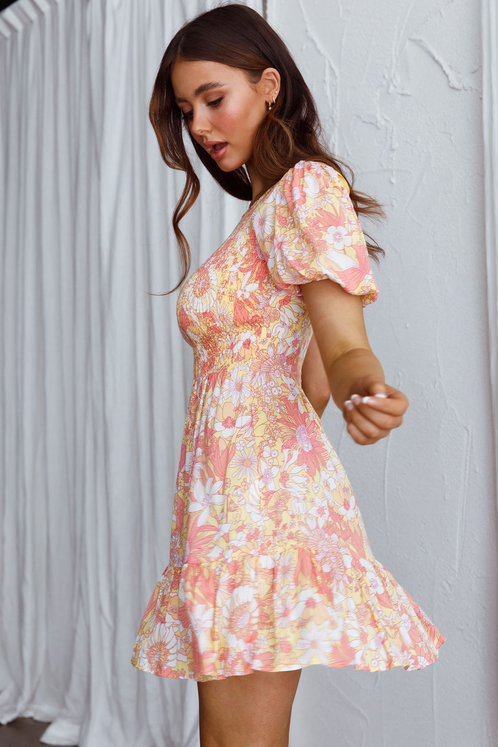 Crystal Shores Shirred Bust Mini Dress Floral Yellow by Selfie Leslie Australia