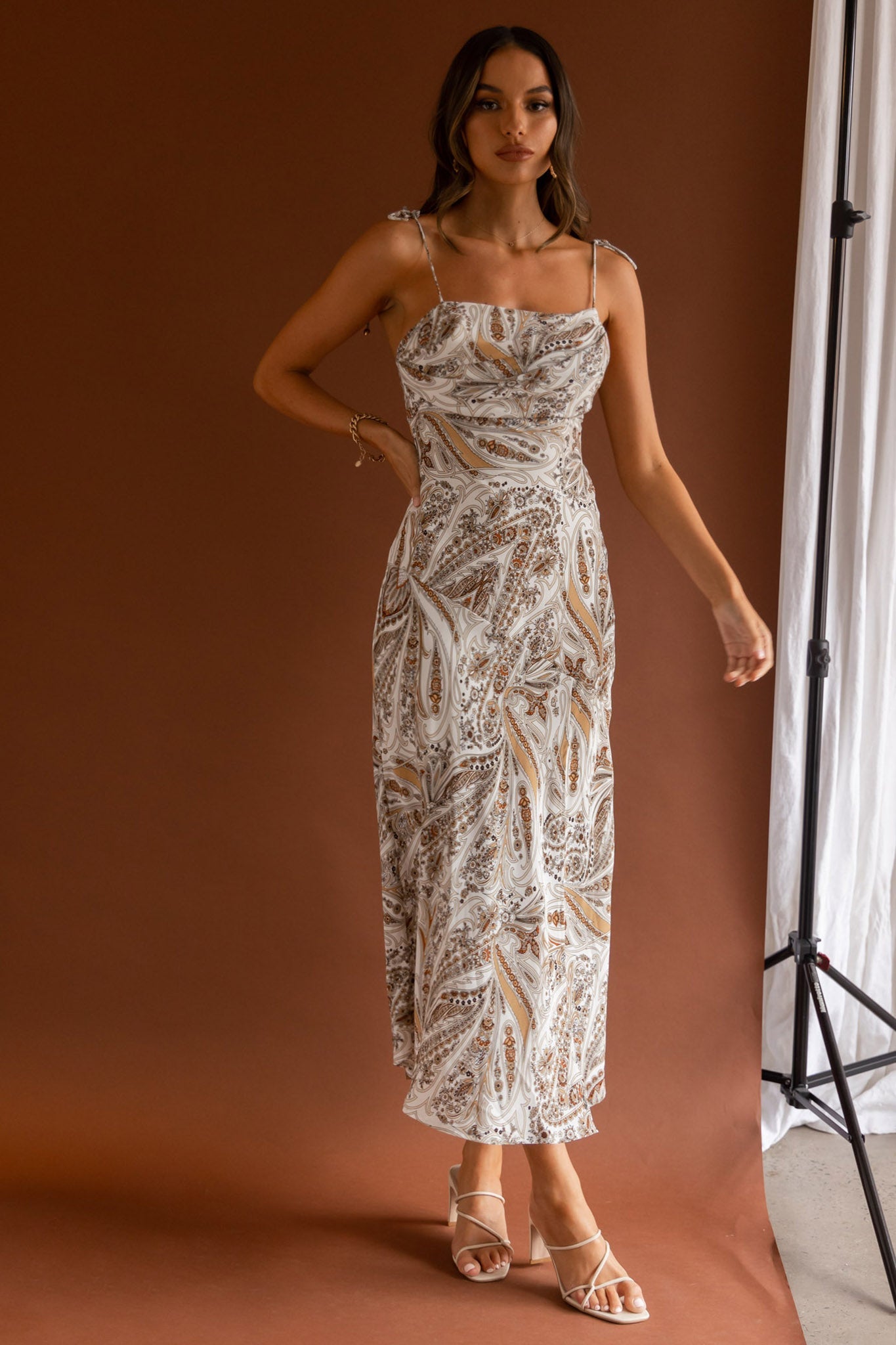 About Town Tied Shoulder Midi Dress Paisley White by Selfie Leslie