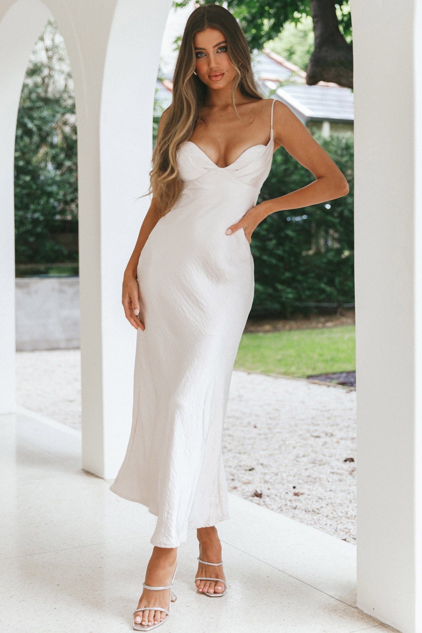 Infinity Pintuck Bust Maxi Dress Champagne by Selfie Leslie