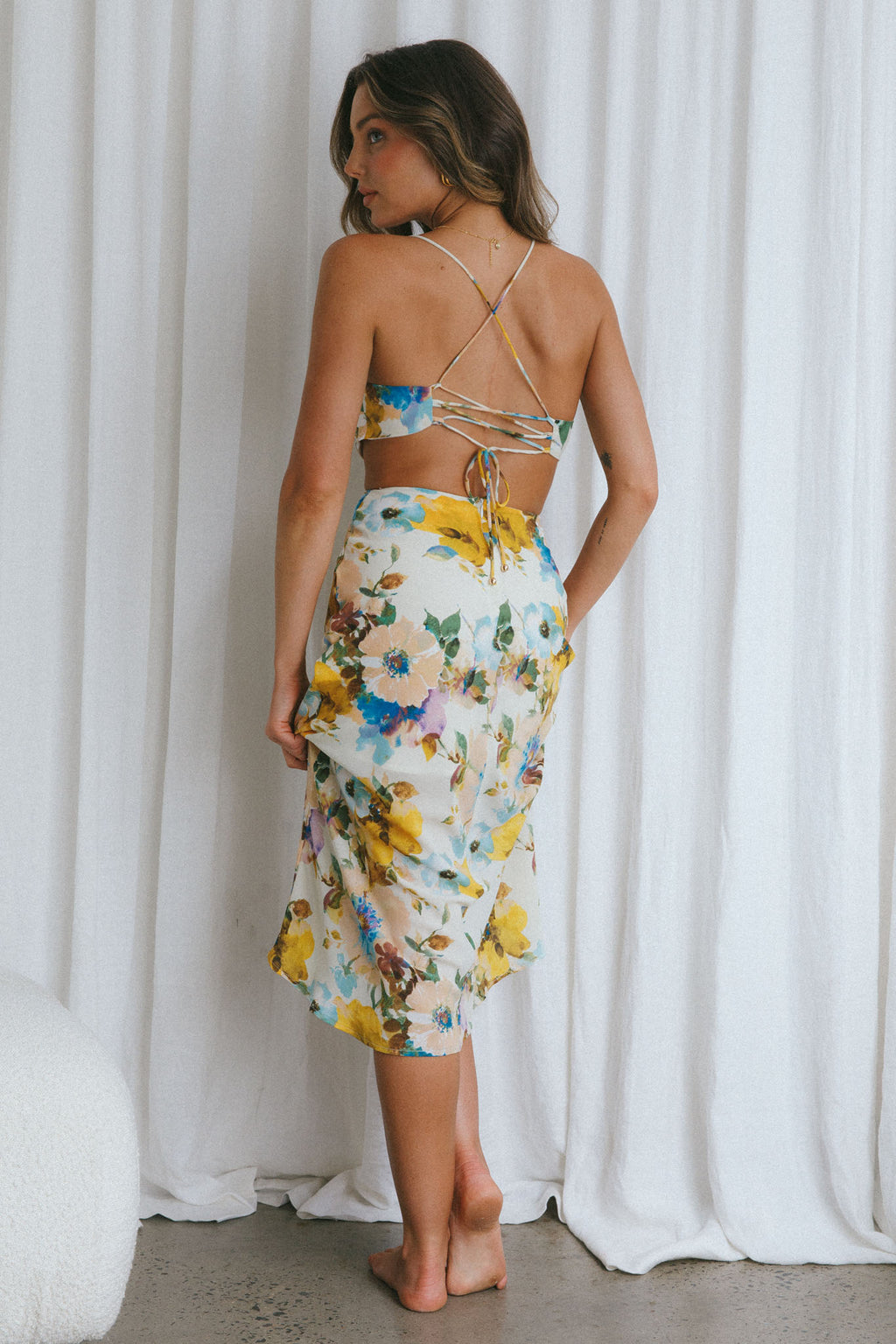 Sunday Bliss Tie-Up Back Cowl Neck Midi Dress Floral Yellow by Selfie Leslie Australia