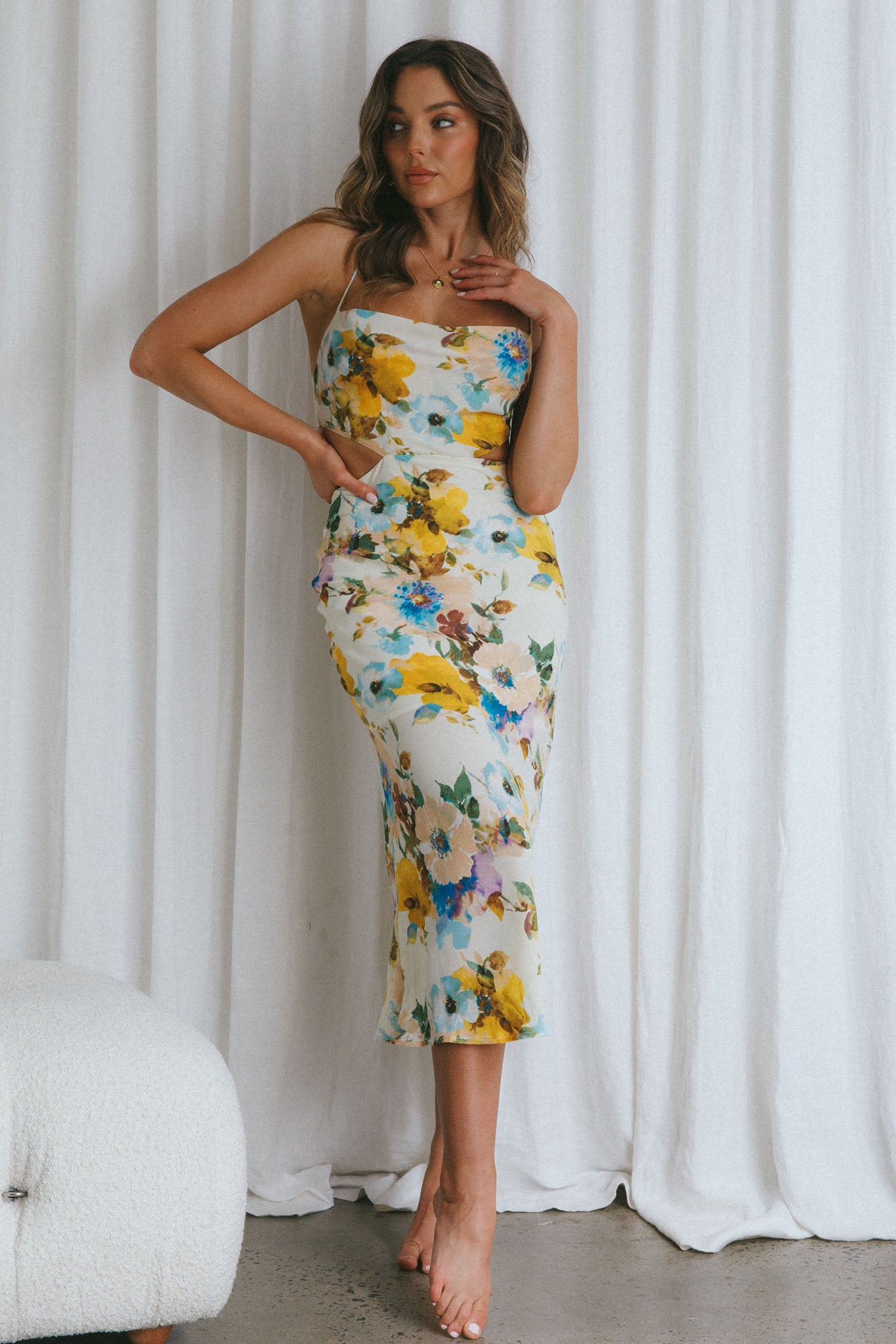 Sunday Bliss Tie-Up Back Cowl Neck Midi Dress Floral Yellow by Selfie Leslie Australia