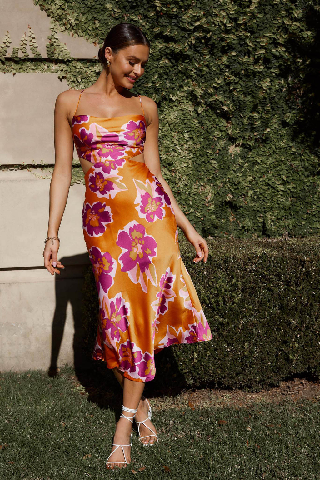 Sunday Bliss Tie-Up Back Cowl Neck Midi Dress Flower Orange by Selfie Leslie