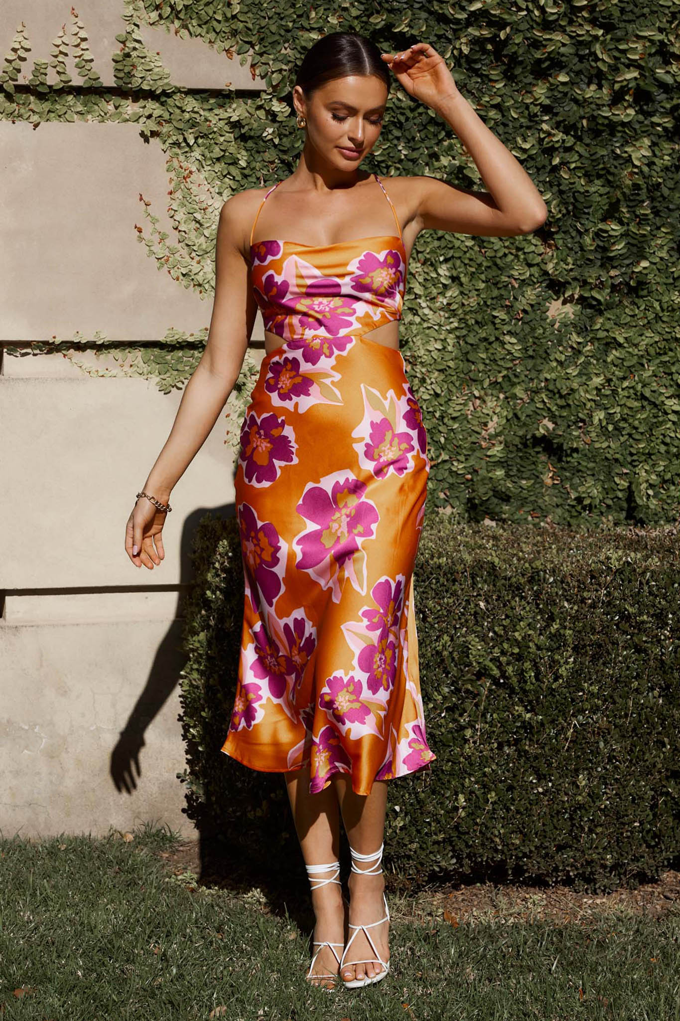 Sunday Bliss Tie-Up Back Cowl Neck Midi Dress Flower Orange by Selfie Leslie