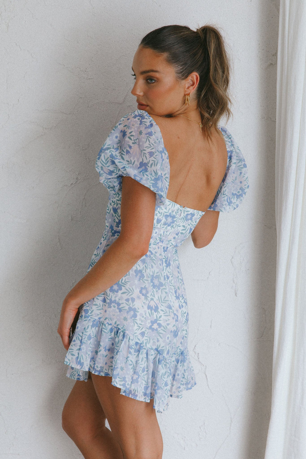Cross My Heart V-Bust Frill Mini Dress Floral Blue by Selfie Leslie