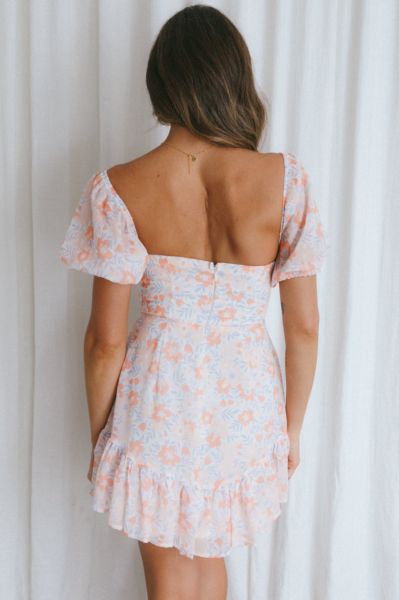 Cross My Heart V-Bust Frill Mini Dress Floral Orange by Selfie Leslie Australia