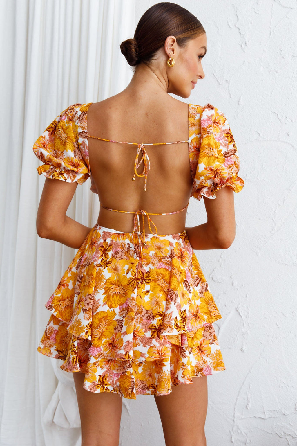 Orianthi Cut-Out Waist Mini Dress Floral Yellow by Selfie Leslie