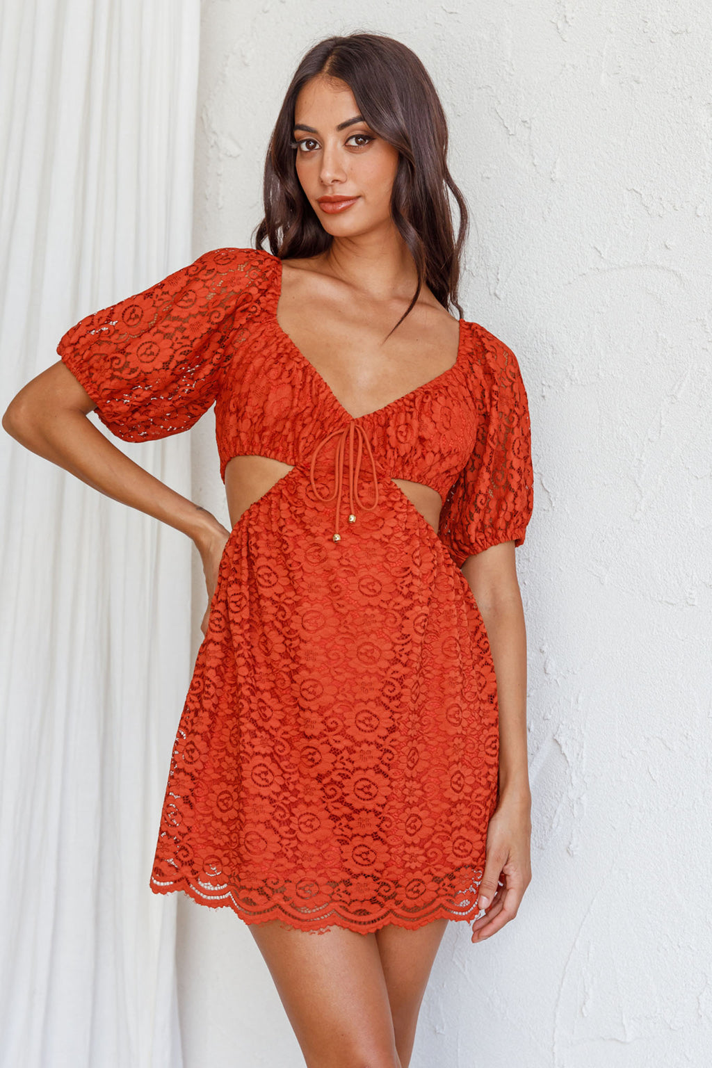 Feelin' Good Cut-Out Waist Lace Dress Rust by Selfie Leslie Australia