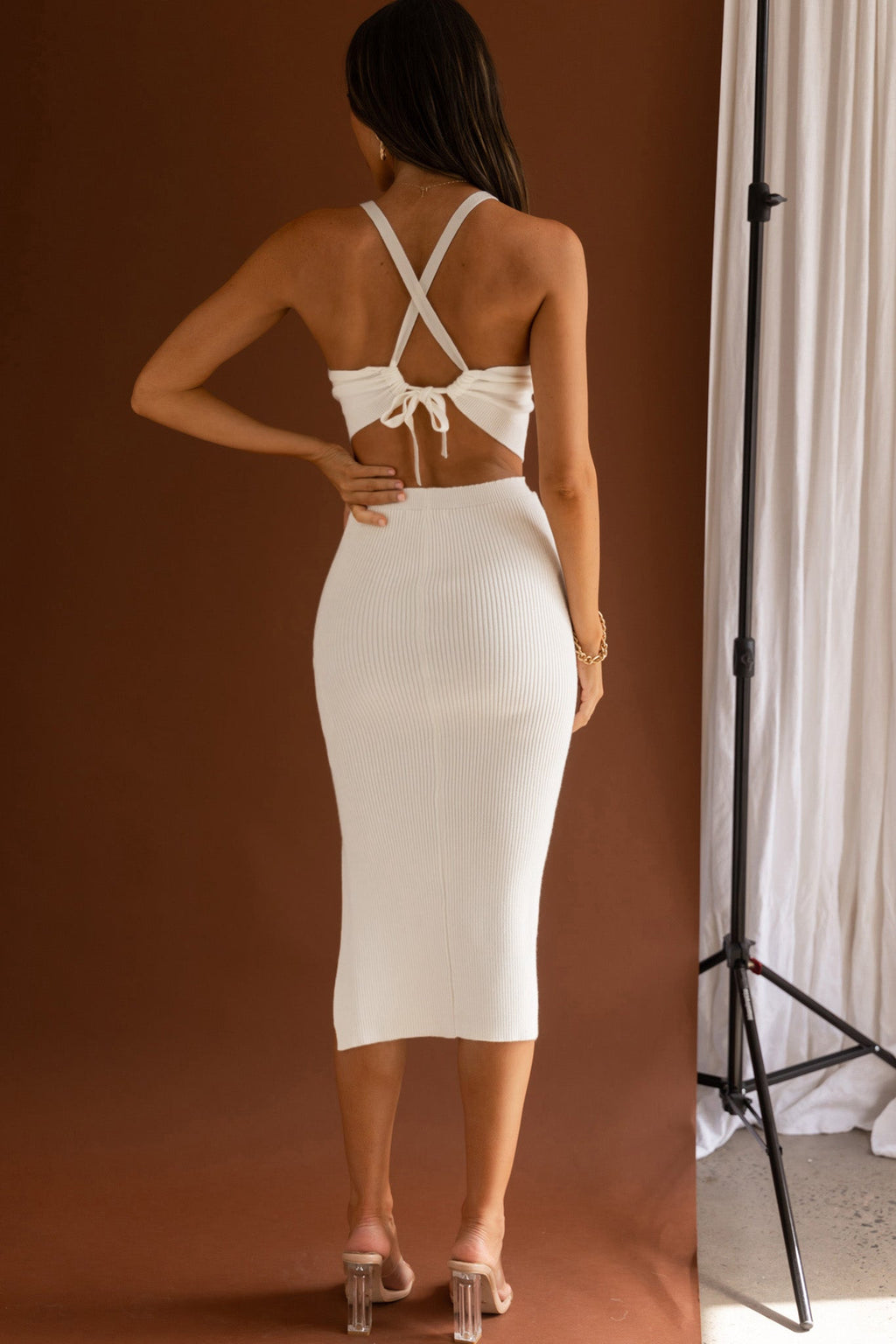 Mayfair Tie-Up Back Thigh Split Knit Midi Dress White by Selfie Leslie