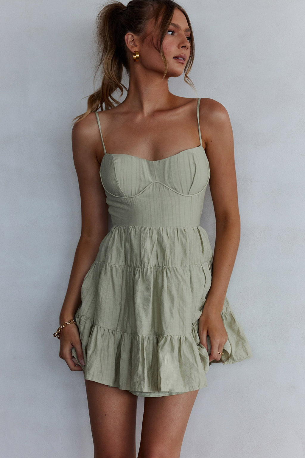 Galilea Tied Back Mini Dress Sage by Selfie Leslie