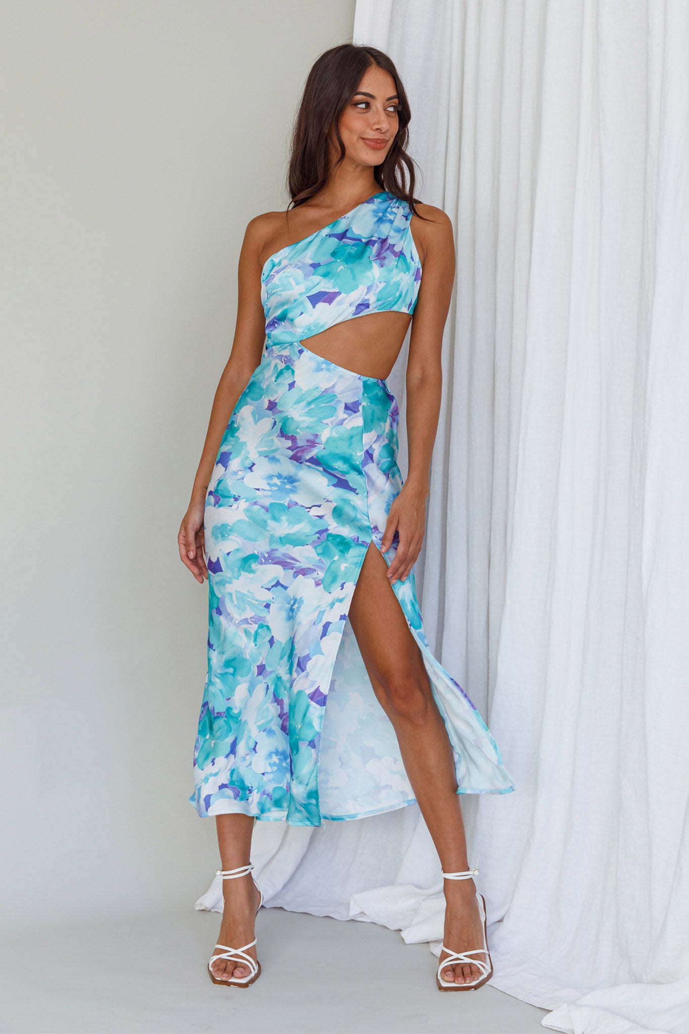 Cameron Cut-Out Midi Dress Floral Green/Blue by Selfie Leslie Australia