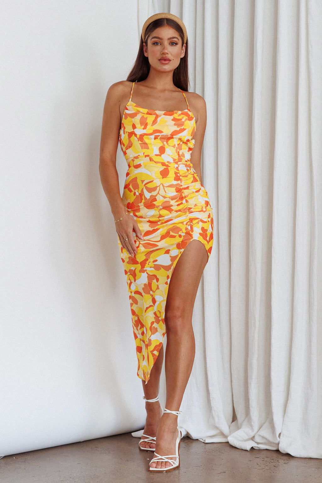 Klara Thigh Split Midi Dress Print Yellow by Selfie Leslie Australia
