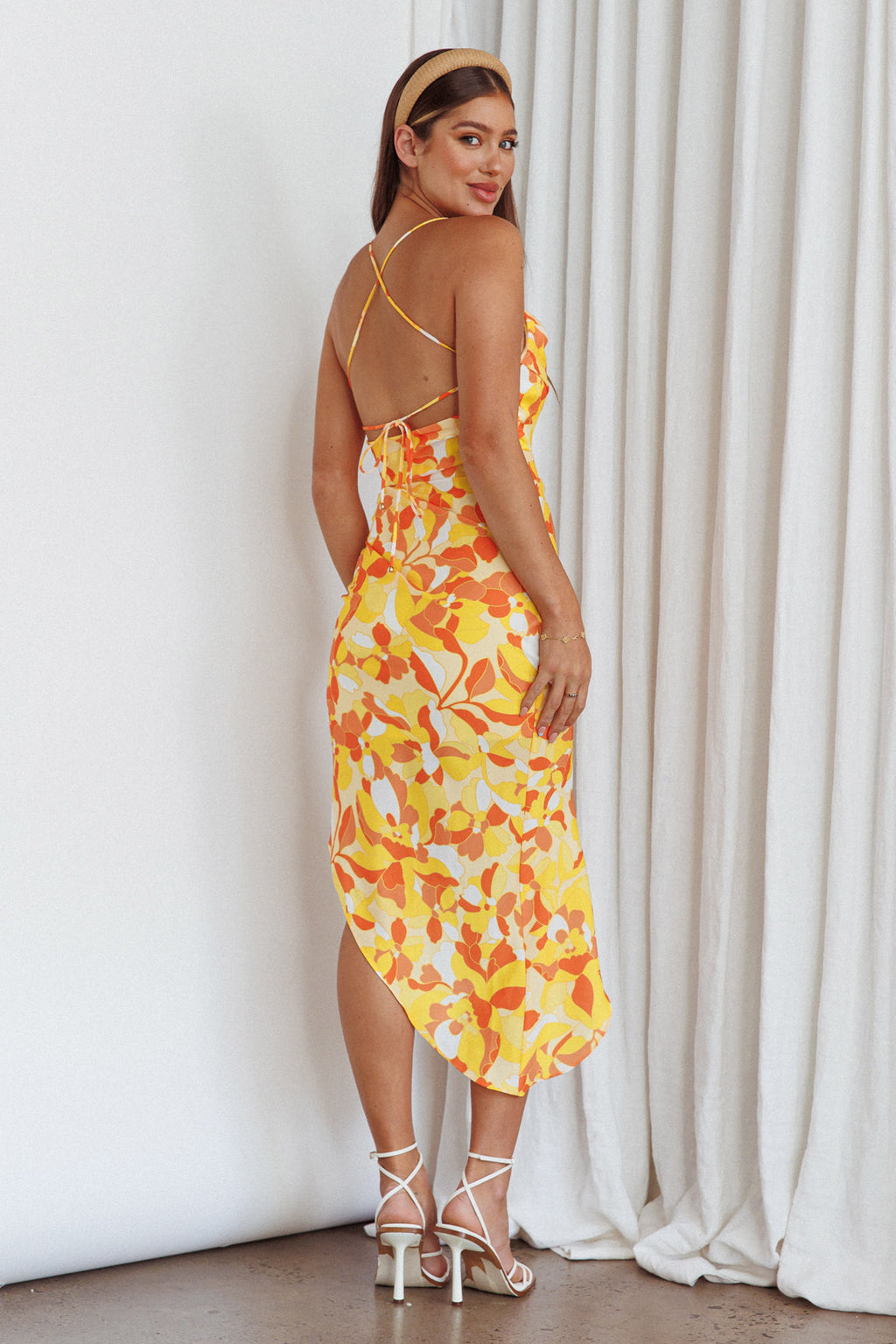 Klara Thigh Split Midi Dress Print Yellow by Selfie Leslie Australia