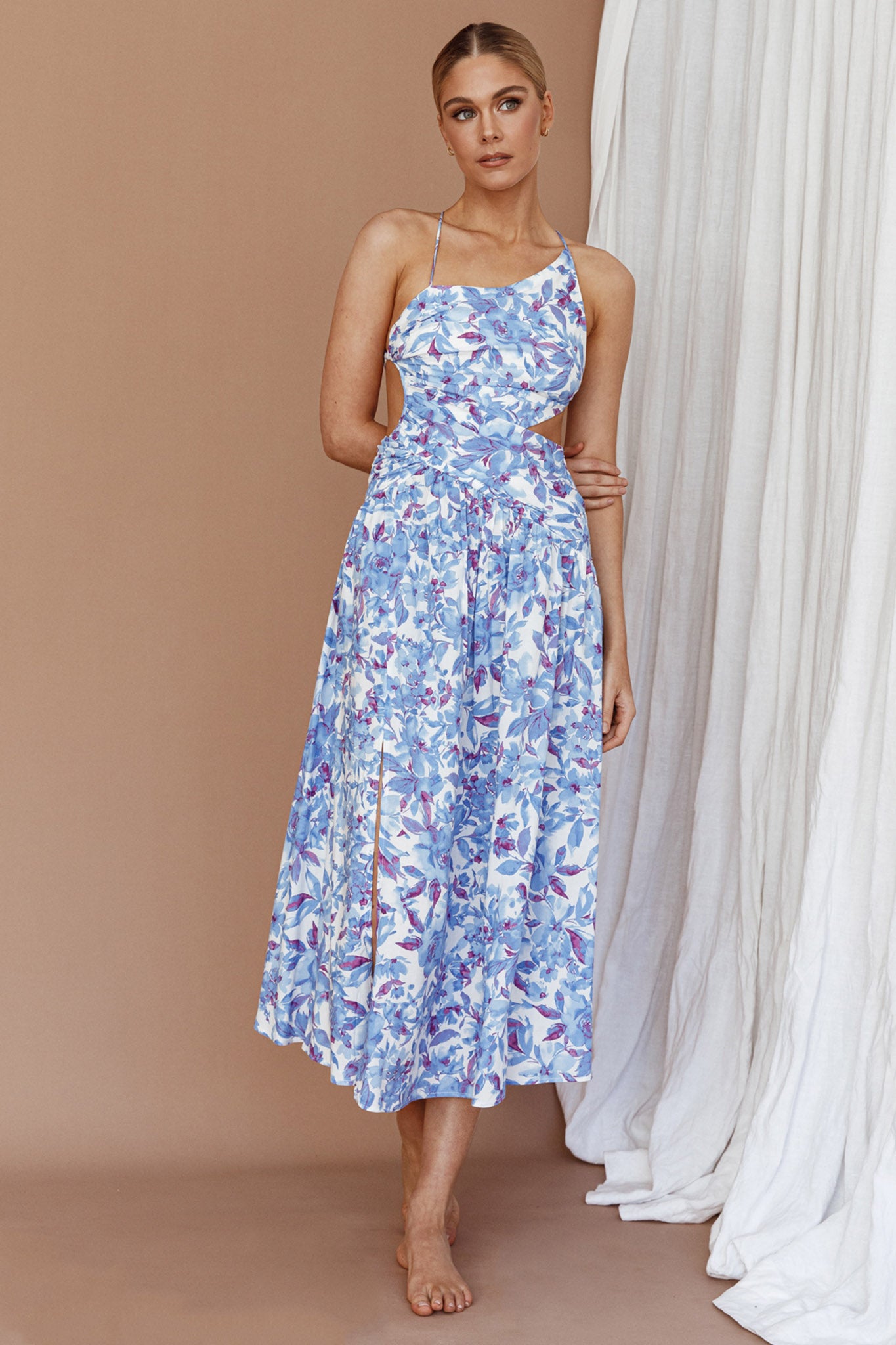 Destination Open Back Midi Dress Floral Blue by Selfie Leslie Australia