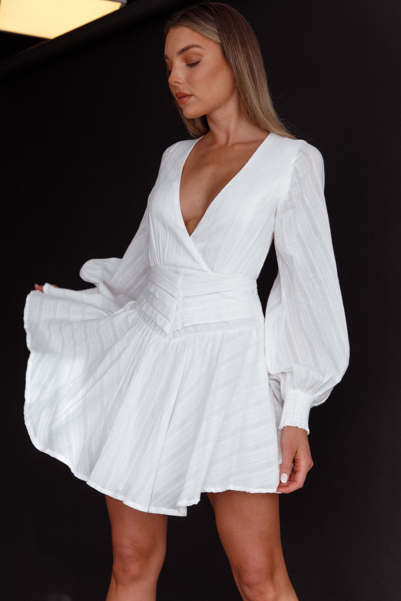 Sweet Escape Lantern Sleeve Pintuck Dress White by Selfie Leslie