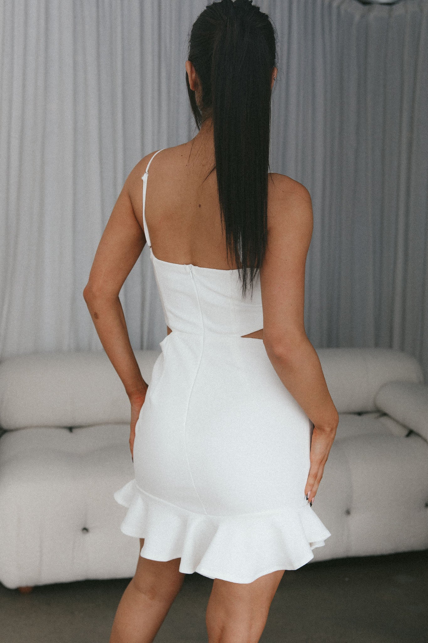 Stop The Press Cut-Out Waist Mini Dress White by Selfie Leslie Australia