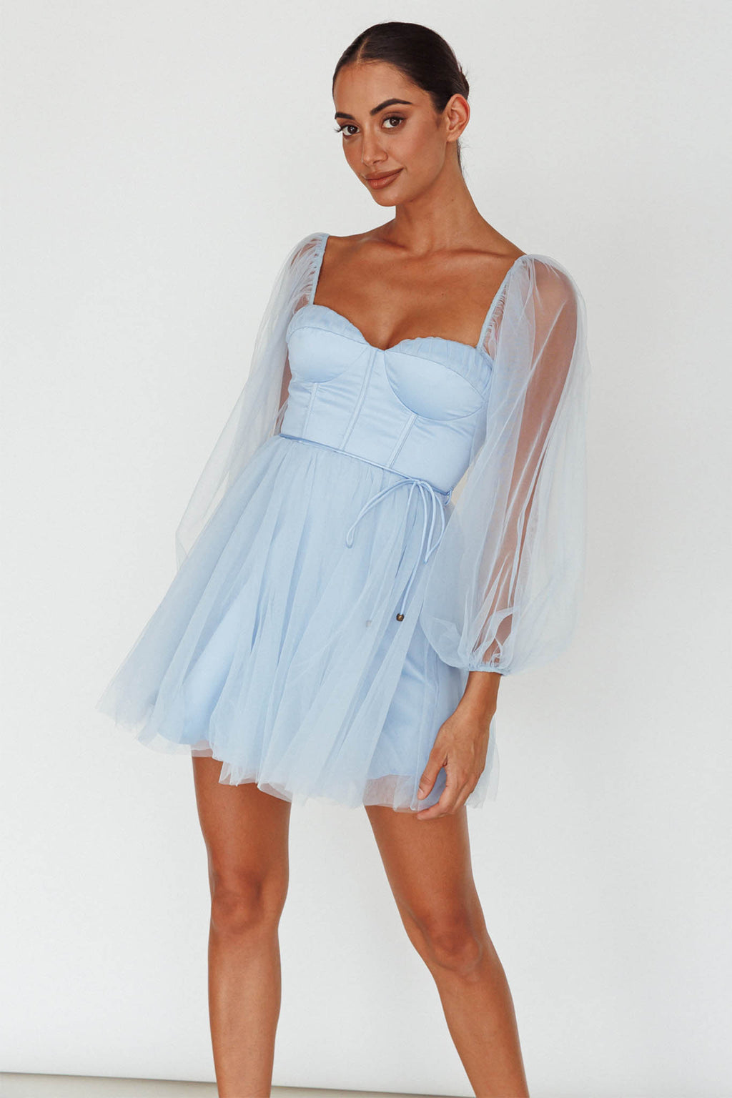 Fairytale Dream Sheer Sleeve Mini Dress Blue by Selfie Leslie Australia