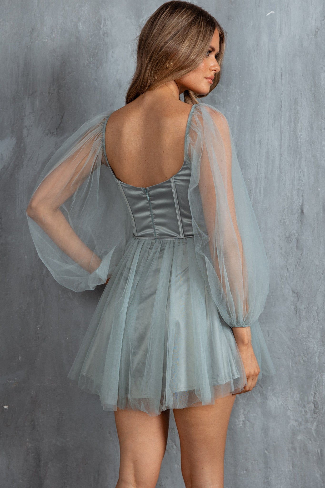 Fairytale Dream Sheer Sleeve Mini Dress Sage by Selfie Leslie Australia