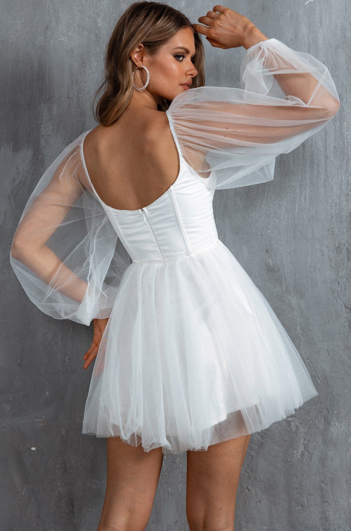 Fairytale Dream Sheer Sleeve Mini Dress White by Selfie Leslie Australia