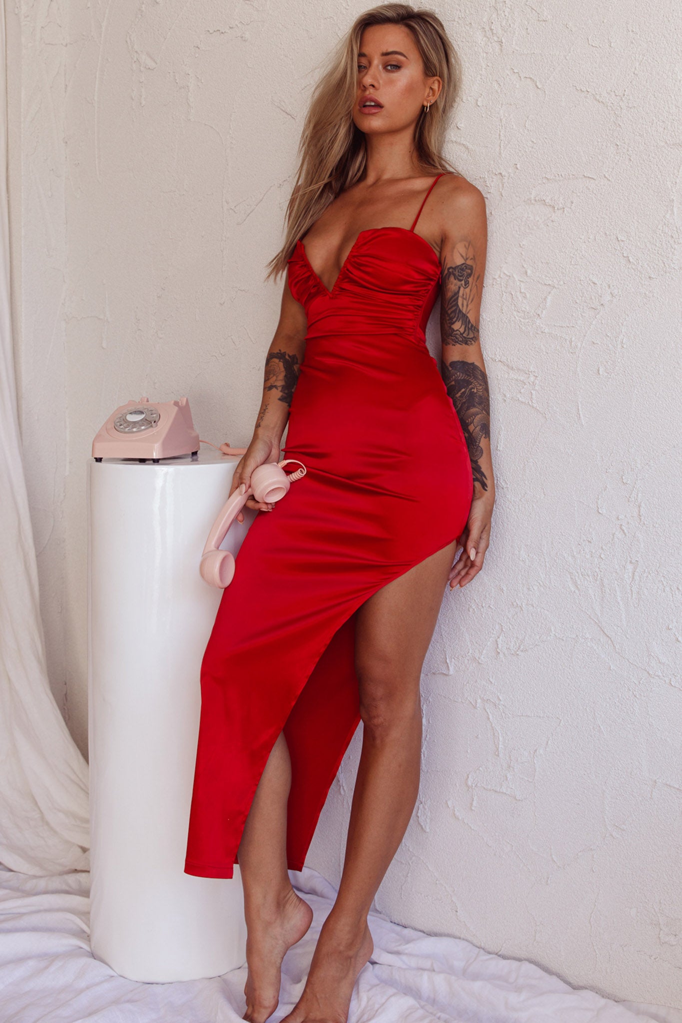 Dancing In September Thigh Split Dress Red by Selfie Leslie Australia