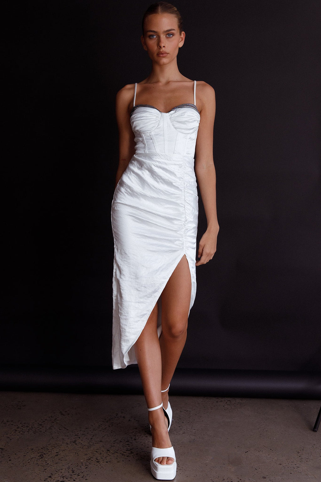 Fantasy Structured Bodice Ruched Midi Dress White by Selfie Leslie