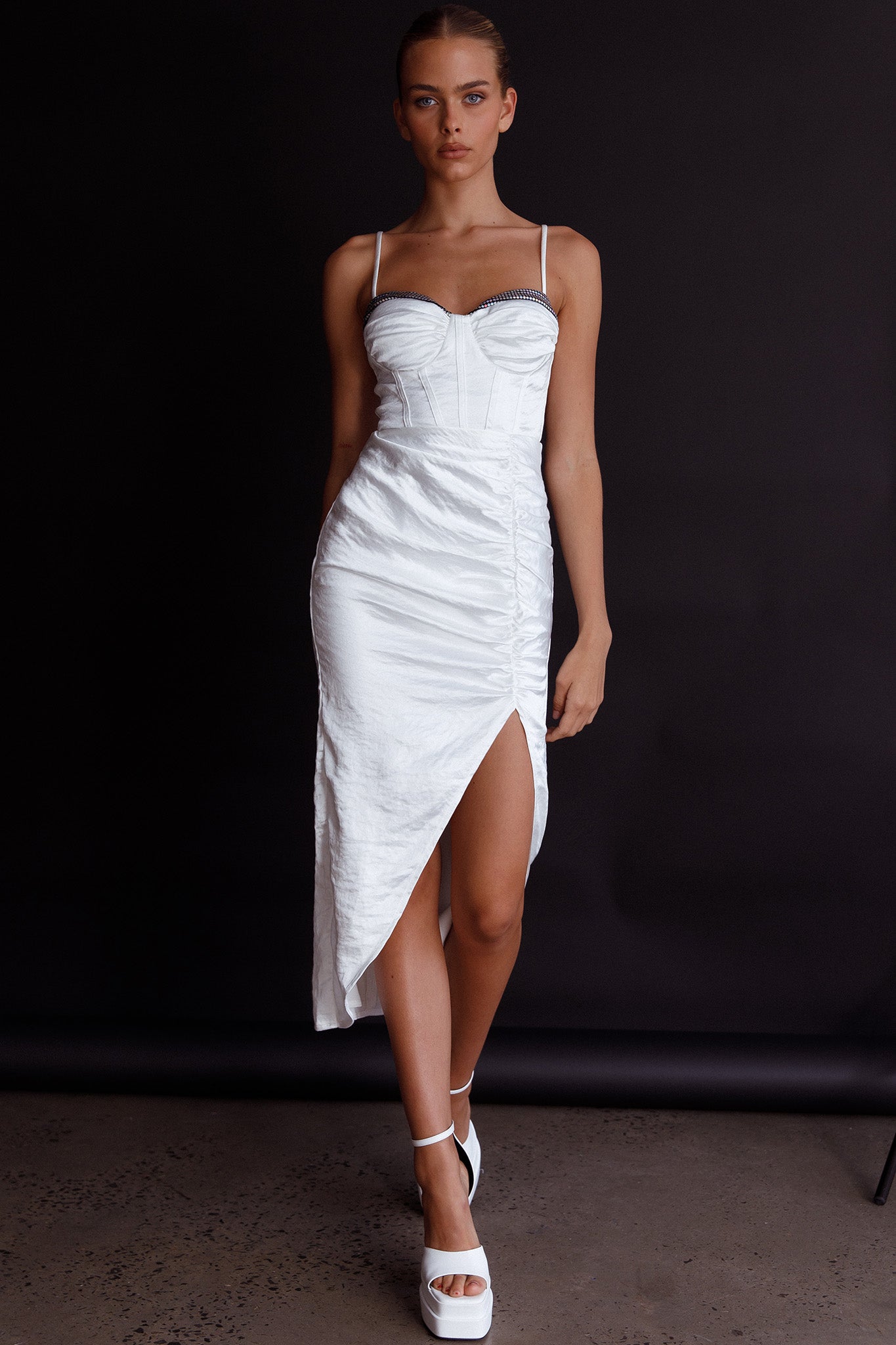 Fantasy Structured Bodice Ruched Midi Dress White by Selfie Leslie