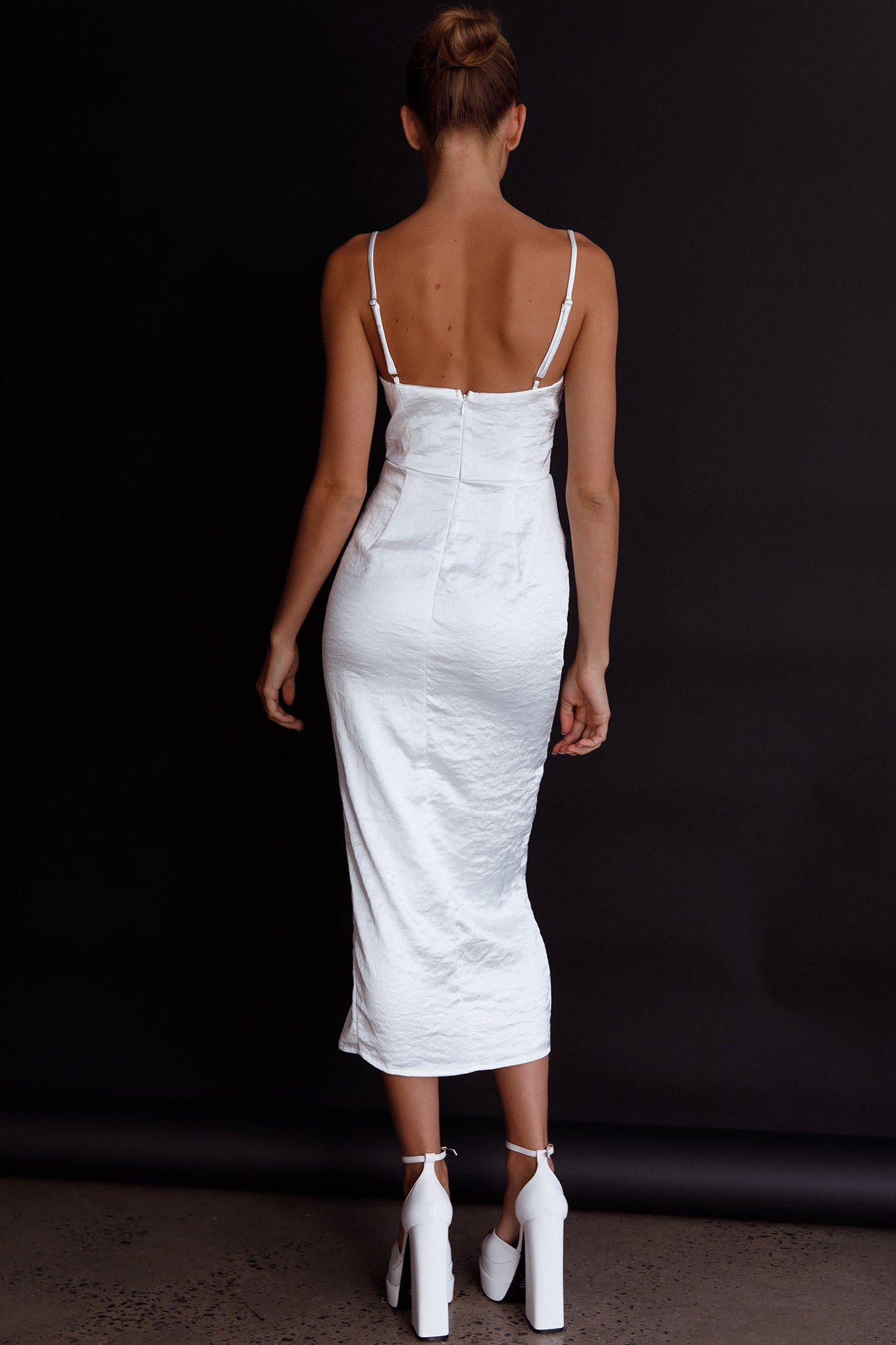 Fantasy Structured Bodice Ruched Midi Dress White by Selfie Leslie