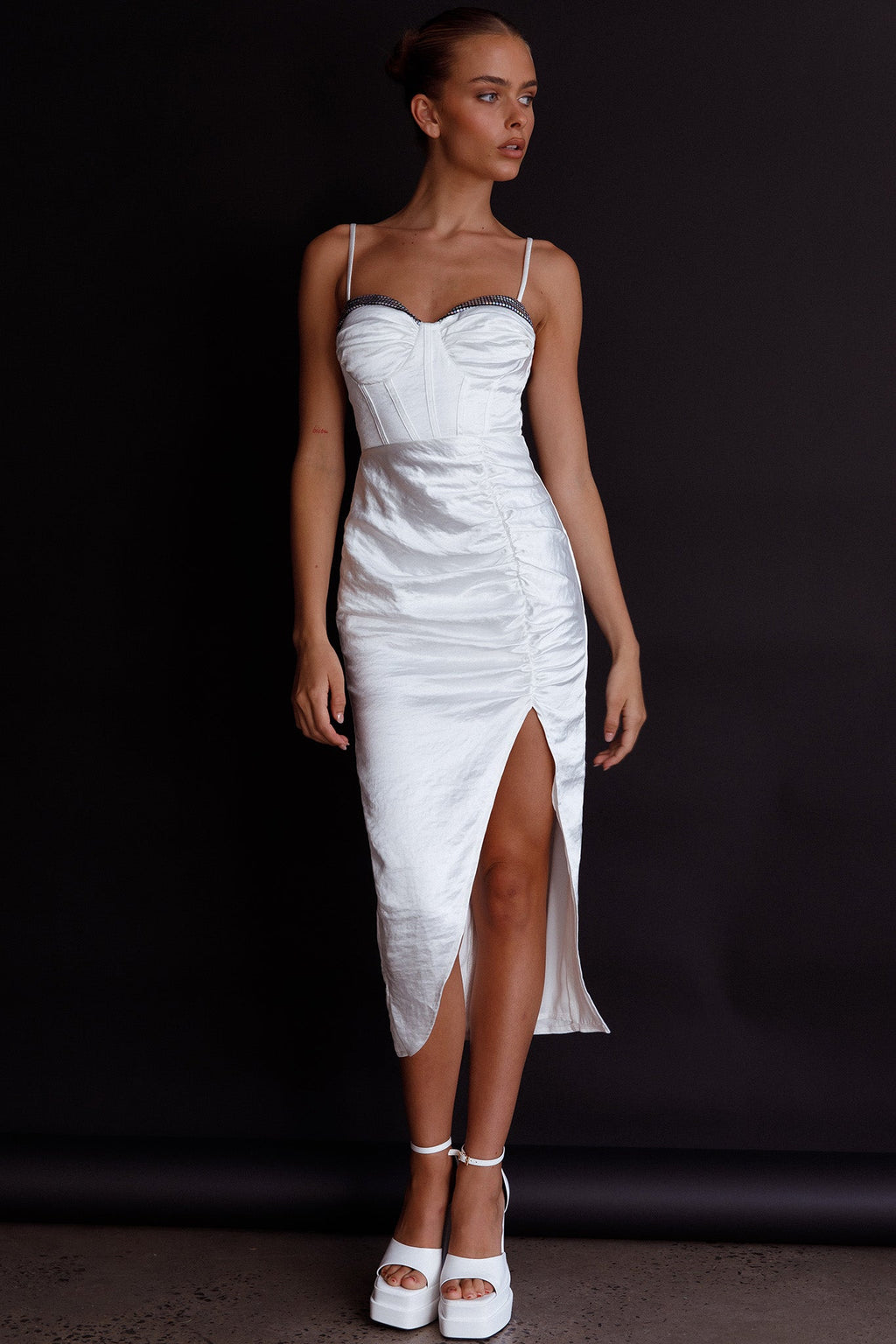 Fantasy Structured Bodice Ruched Midi Dress White by Selfie Leslie