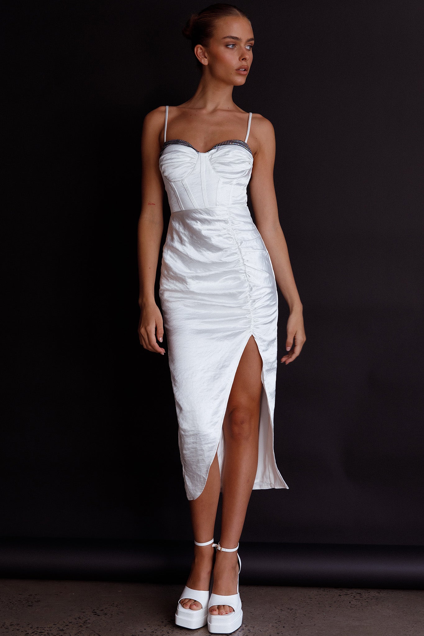 Fantasy Structured Bodice Ruched Midi Dress White by Selfie Leslie