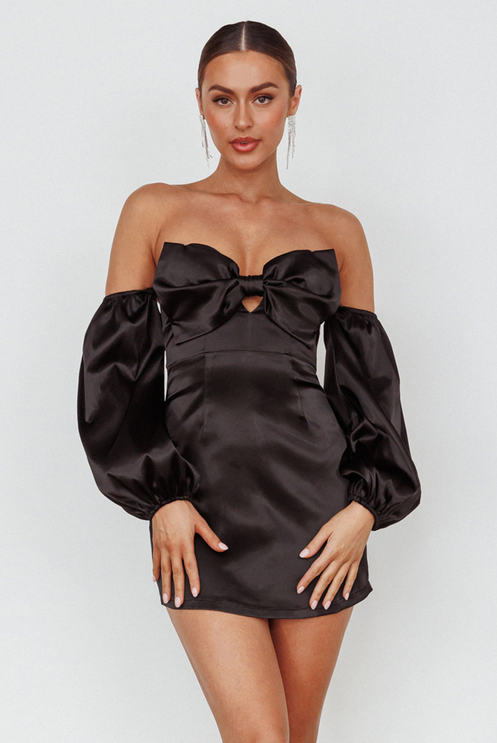 Lilly Off-Shoulder Bow Mini Dress Black by Selfie Leslie Australia