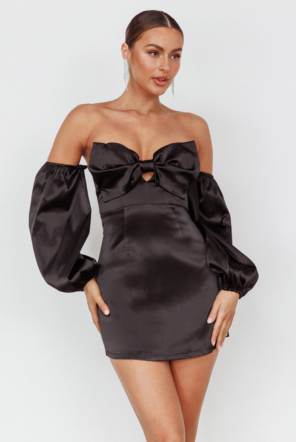 Lilly Off-Shoulder Bow Mini Dress Black by Selfie Leslie Australia