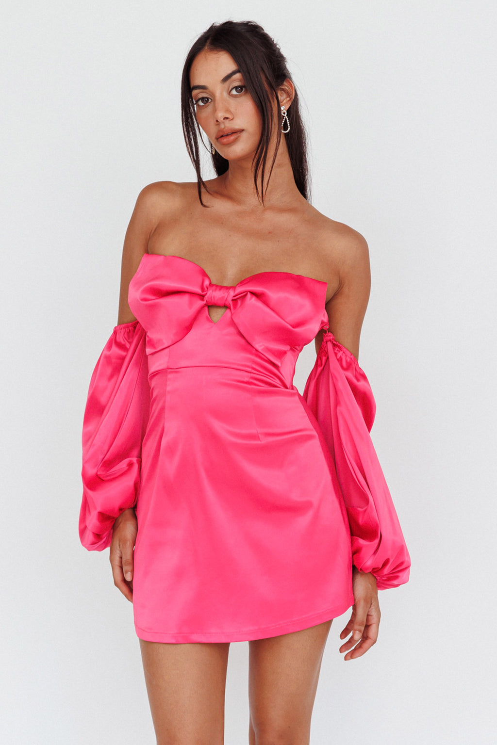Lilly Off-Shoulder Bow Mini Dress Pink by Selfie Leslie Australia