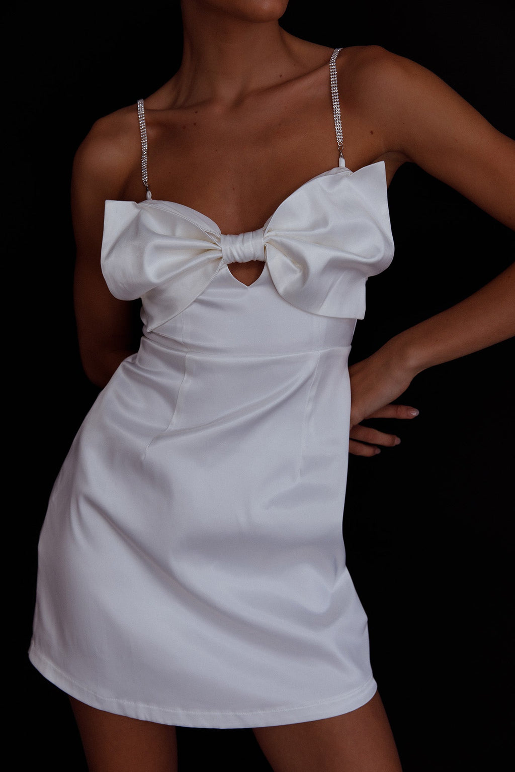 Lilly Bow Diamante Mini Dress White by Selfie Leslie