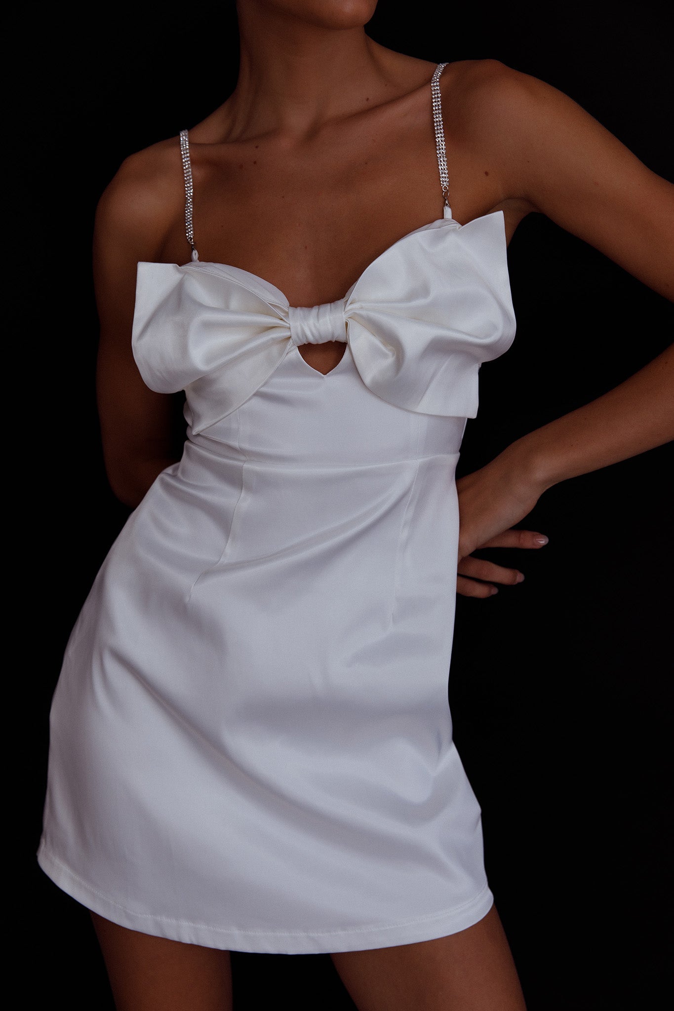 Lilly Bow Diamante Mini Dress White by Selfie Leslie