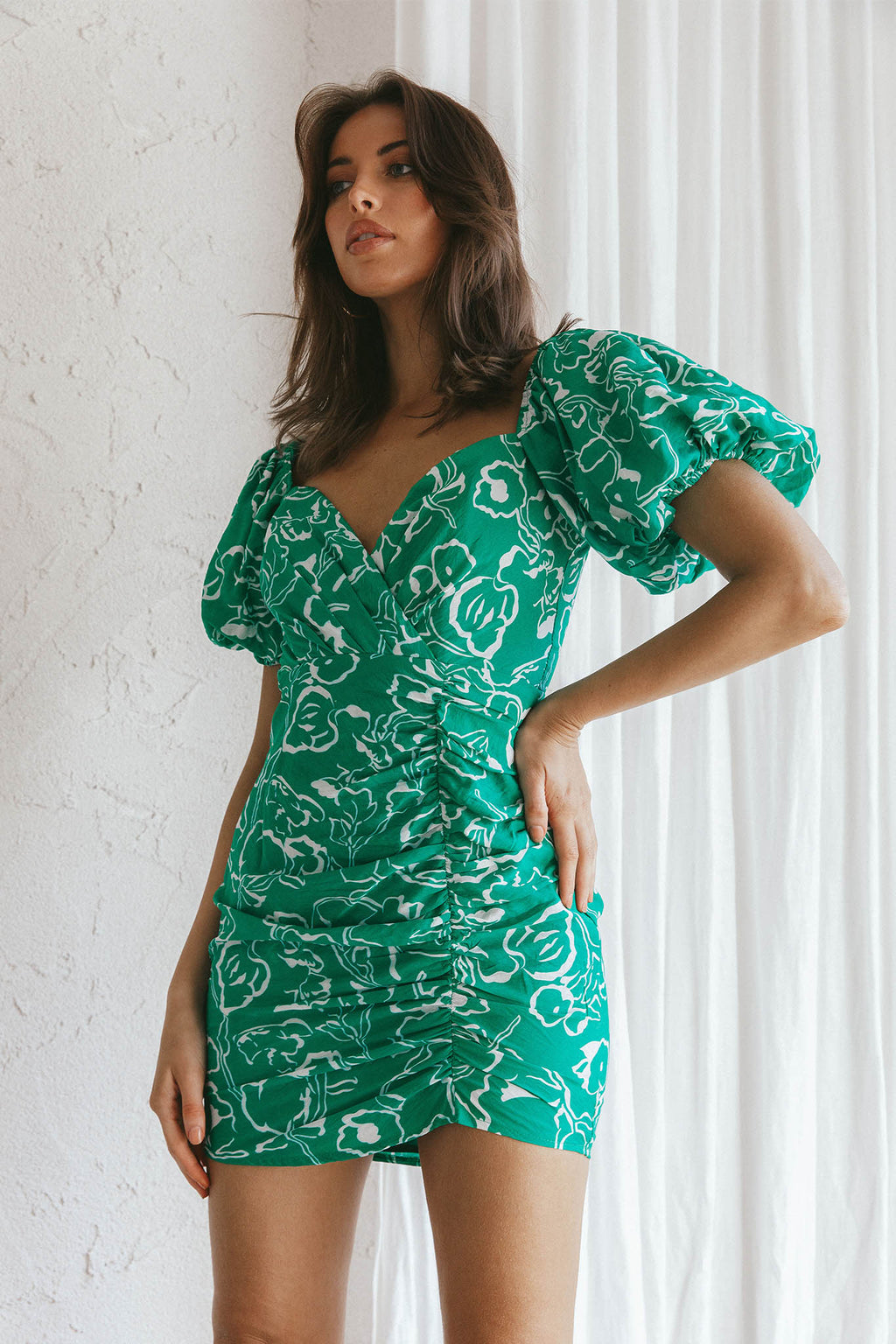 Iseo Puff Sleeve Mini Dress Print Green by Selfie Leslie Australia